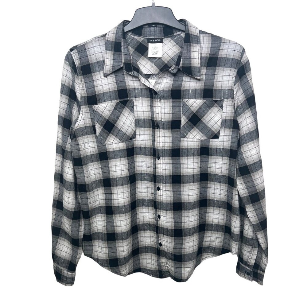 Zac & Rachel Womens Black & White Plaid Button-Up Long Sleeve Shirt Size Large
